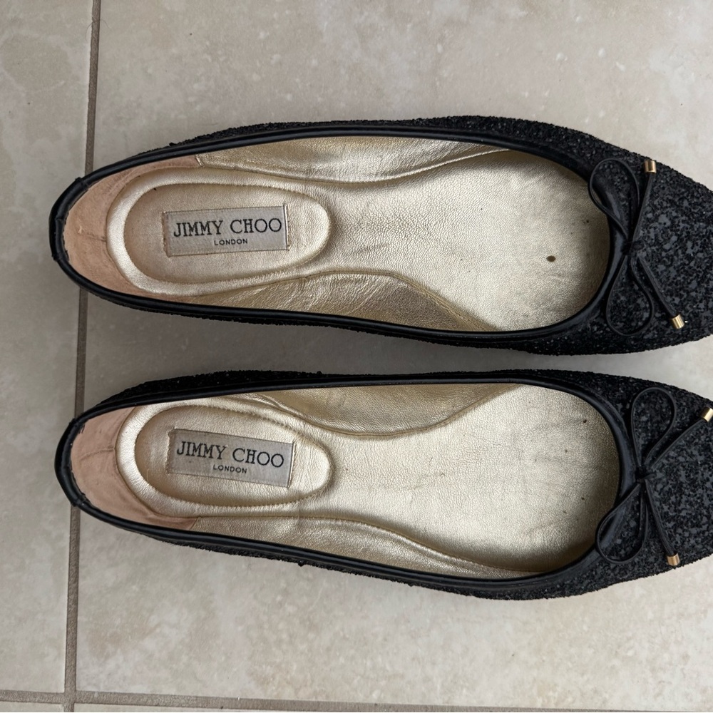 Jimmy Choo Black Glitter Flats